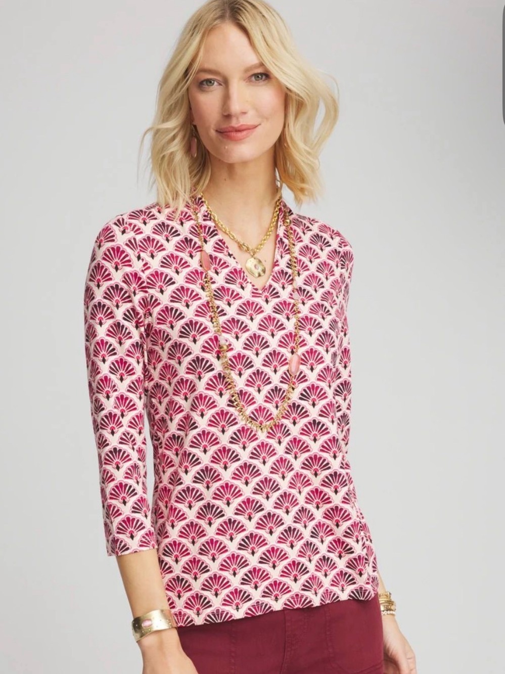 Chico's Touch of Cool‎ Pink Art Deco Fan Top Size Small 3/4 Sleeve